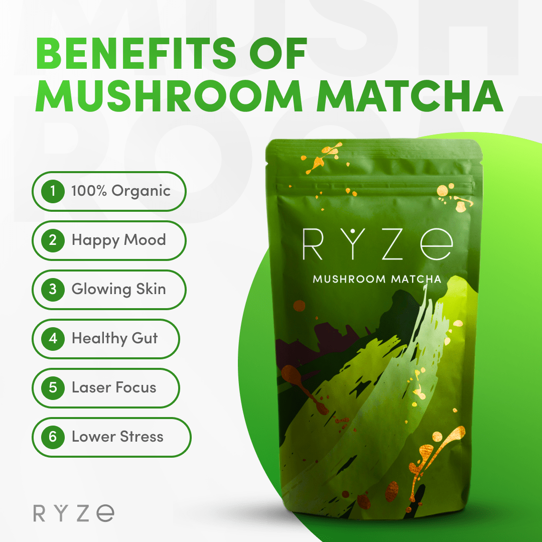 RYZE Mushroom Matcha - with 6 Organic Adaptogenic Mushrooms Grown In USA and Ceremonial-Grade Japanese Matcha - S7DJ