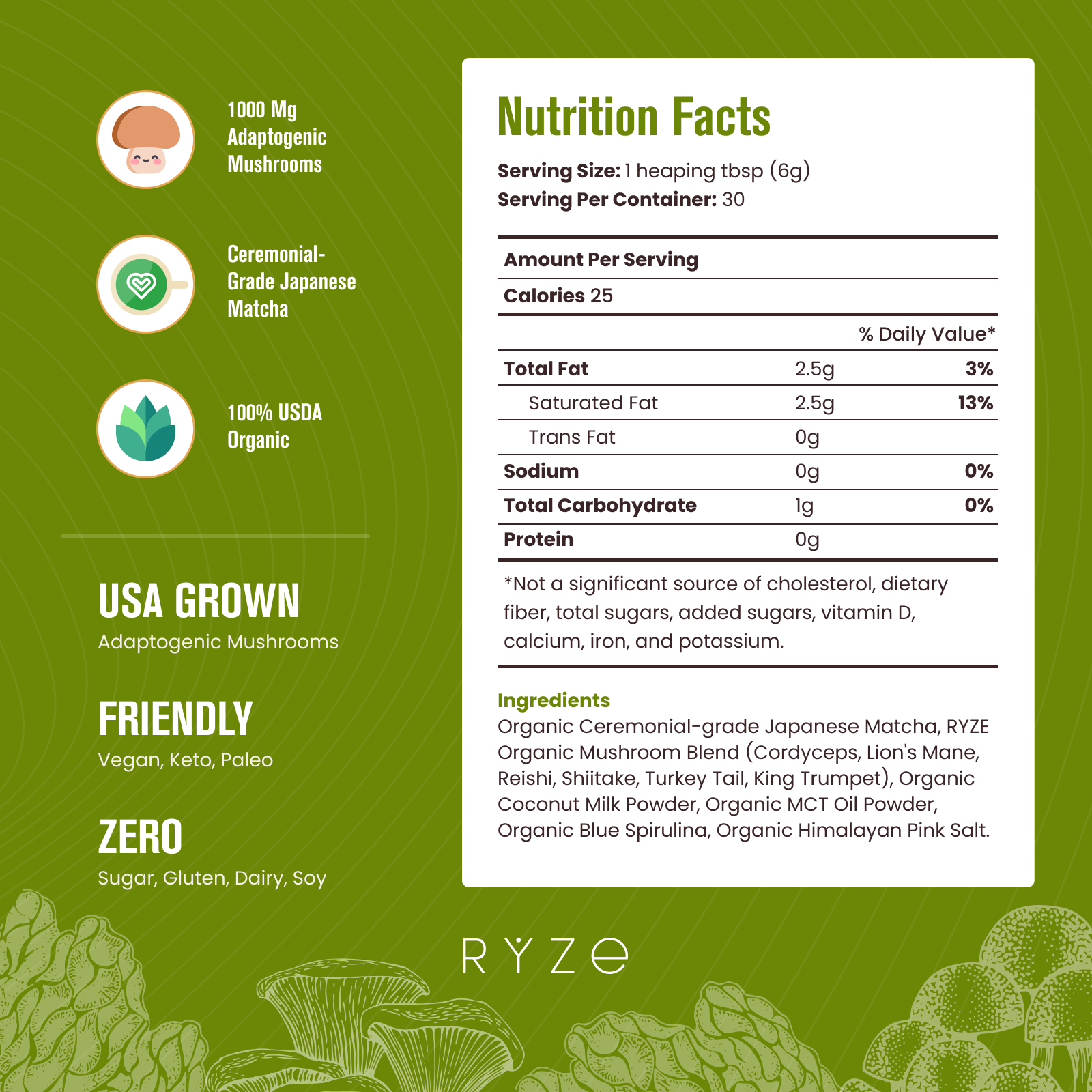 RYZE Mushroom Matcha - with 6 Organic Adaptogenic Mushrooms Grown In USA and Ceremonial-Grade Japanese Matcha - S7DJ